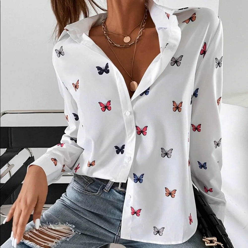 Boho Butterfly Print Button up Top Work Classic - Picture 1 of 6
